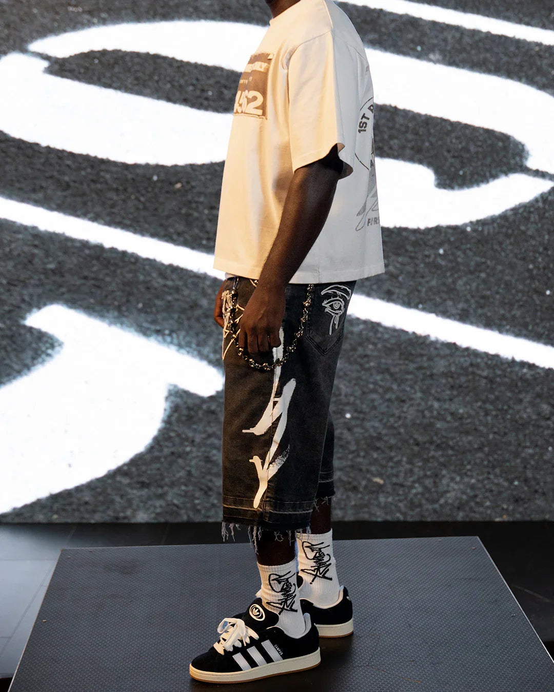 PHANTOM GREY “GRAFFITI BLITZ” LONG STRAIGHT DENIM SHORTS
