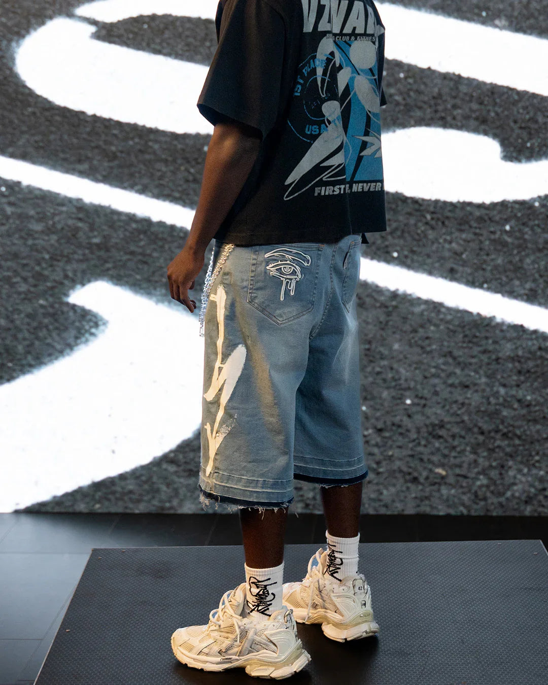 SEA BREEZE BLUE “GRAFFITI BLITZ” LONG STRAIGHT DENIM SHORTS