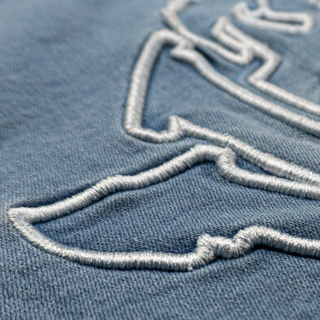 SEA BREEZE BLUE “GRAFFITI BLITZ” LONG STRAIGHT DENIM SHORTS