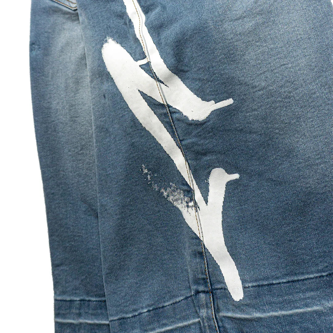 SEA BREEZE BLUE “GRAFFITI BLITZ” LONG STRAIGHT DENIM SHORTS