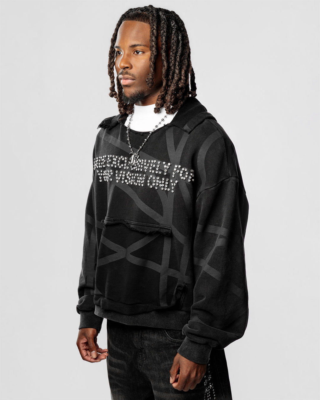 VISIONARY "TWISTED CHAOS" DISTRESSED HOODIE (TRIPLE BLACK)