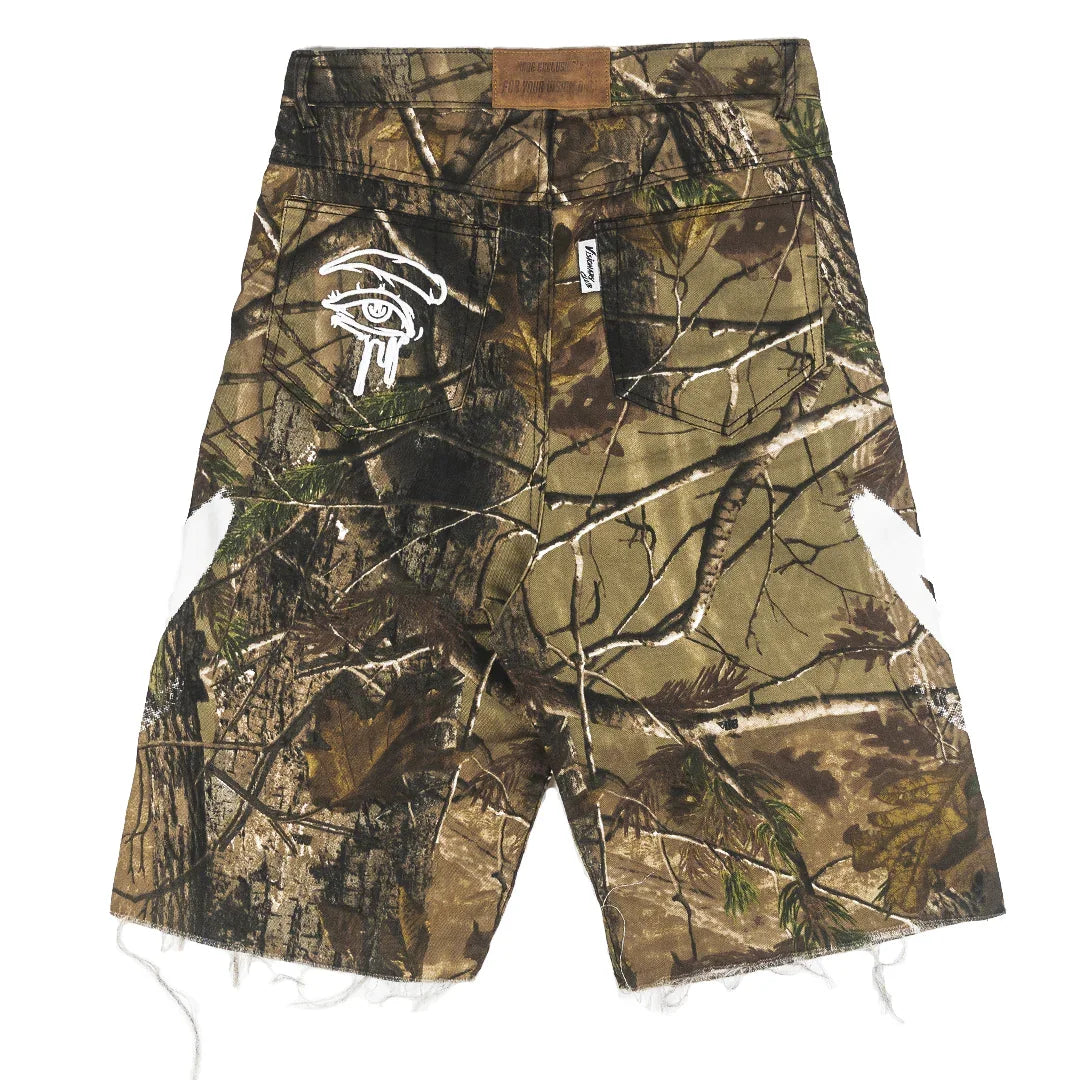 CAMO “GRAFFITI BLITZ” LONG STRAIGHT DENIM SHORTS