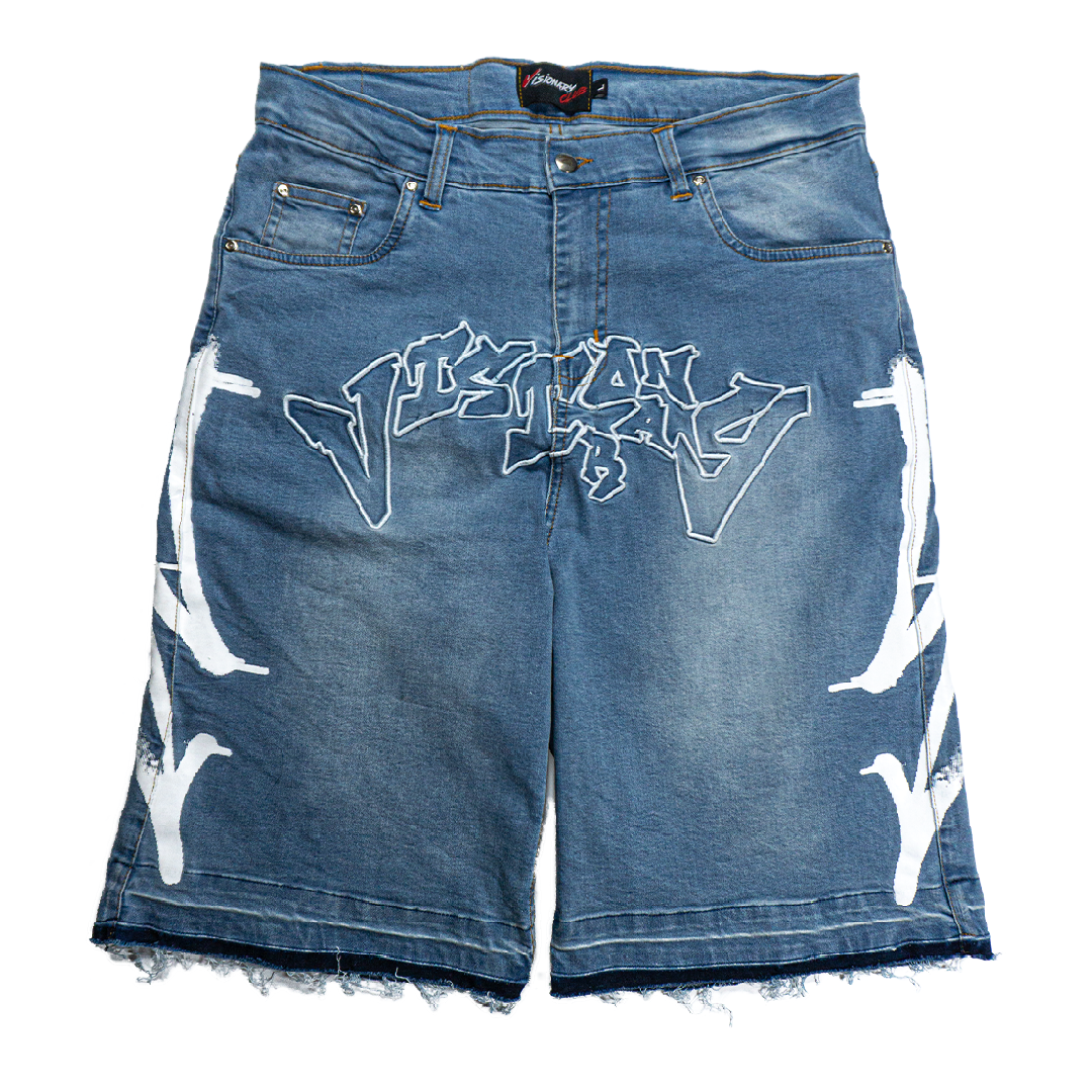 SEA BREEZE BLUE “GRAFFITI BLITZ” LONG STRAIGHT DENIM SHORTS