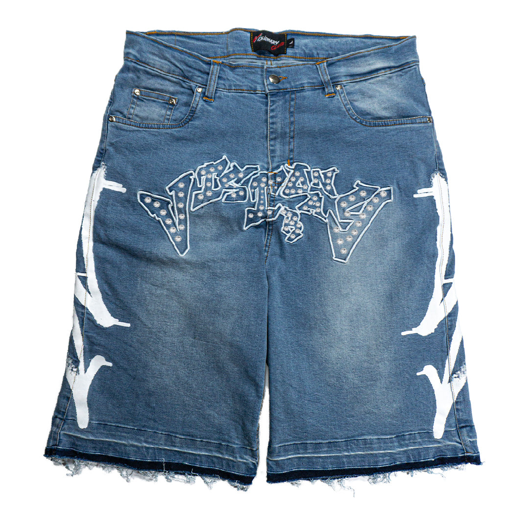 SEA BREEZE BLUE “GRAFFITI BLITZ” LONG STRAIGHT DENIM SHORTS (RHINESTONE)