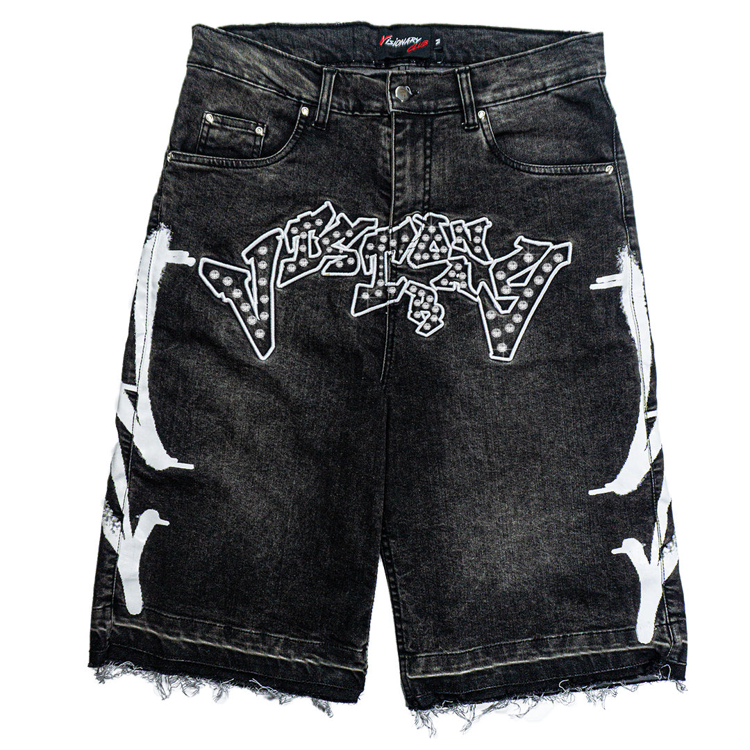 PHANTOM GREY “GRAFFITI BLITZ” LONG STRAIGHT DENIM SHORTS (RHINESTONE)