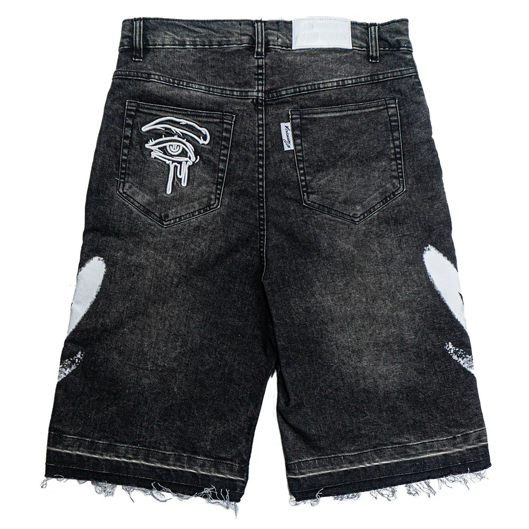 PHANTOM GREY “GRAFFITI BLITZ” LONG STRAIGHT DENIM SHORTS
