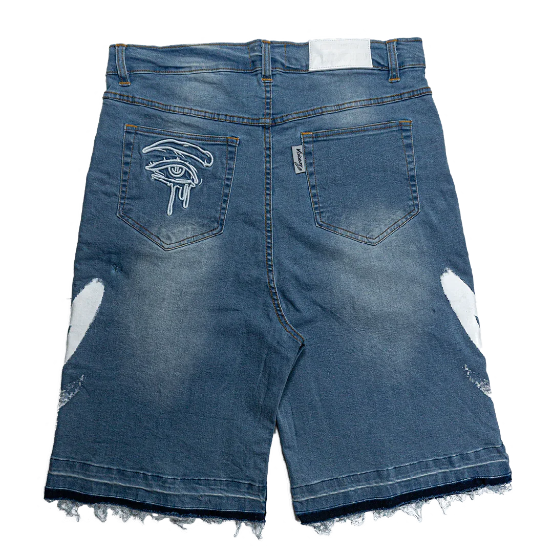 SEA BREEZE BLUE “GRAFFITI BLITZ” LONG STRAIGHT DENIM SHORTS SEA BREEZE BLUE “GRAFFITI BLITZ” LONG STRAIGHT DENIM SHORTS