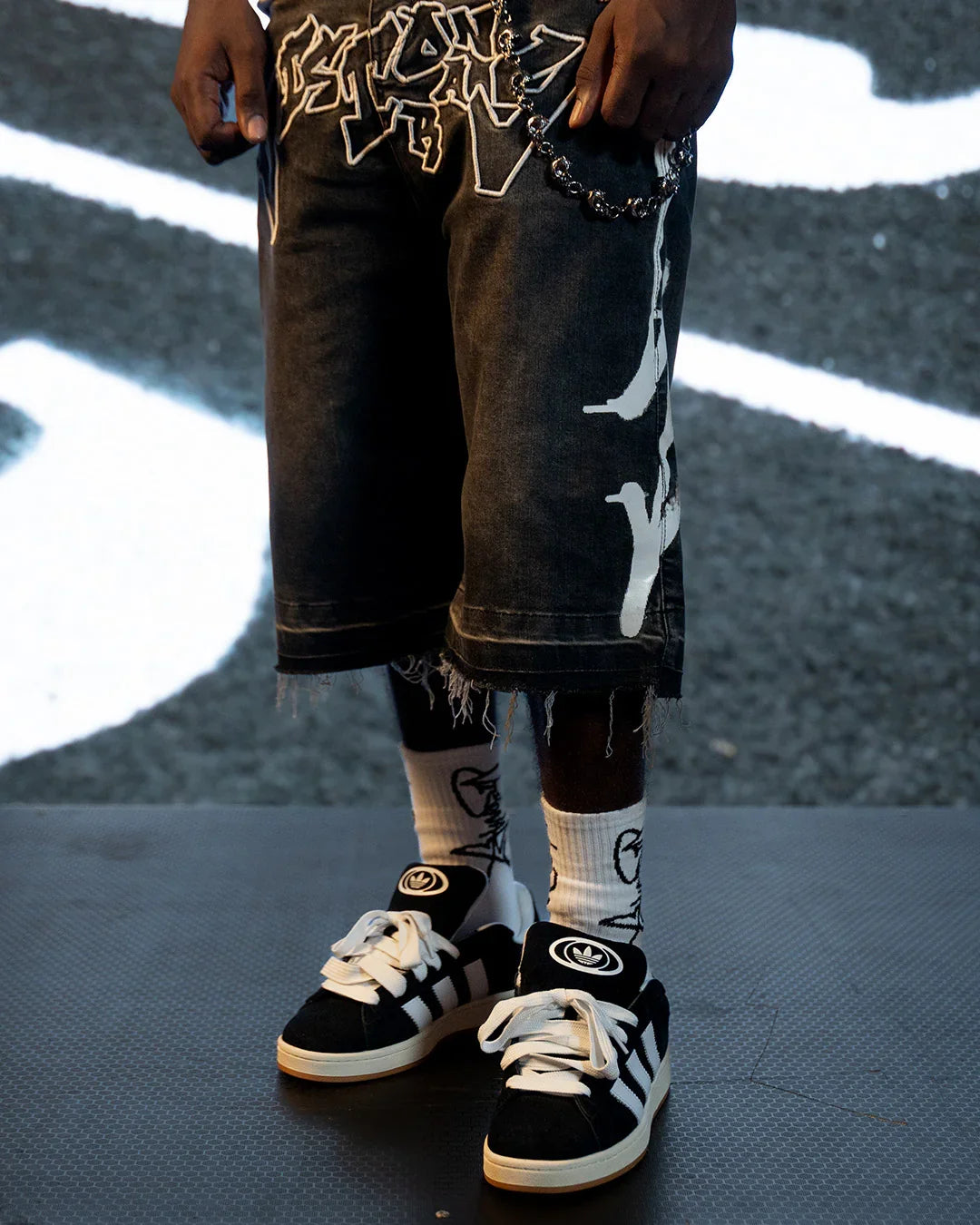 PHANTOM GREY “GRAFFITI BLITZ” LONG STRAIGHT DENIM SHORTS