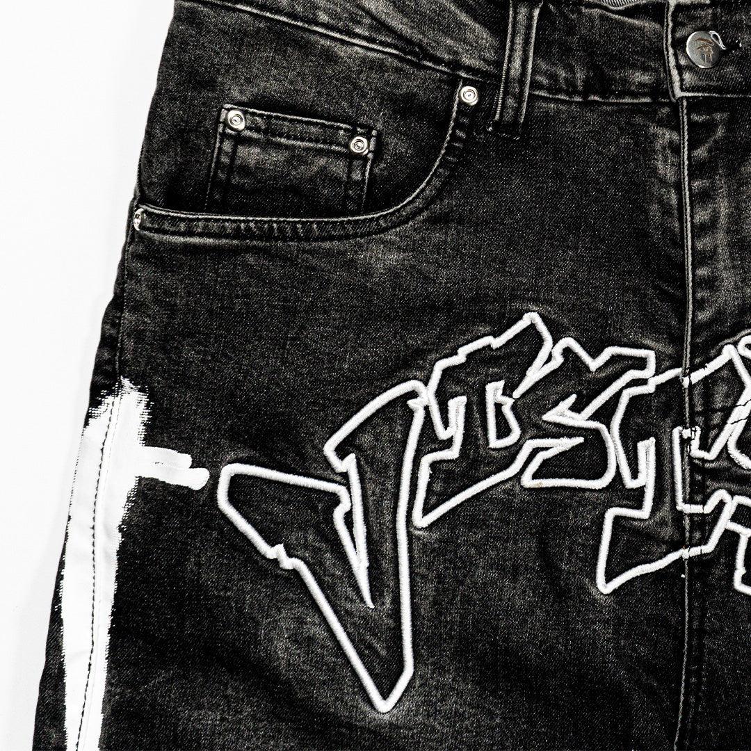 PHANTOM GREY “GRAFFITI BLITZ” LONG STRAIGHT DENIM SHORTS