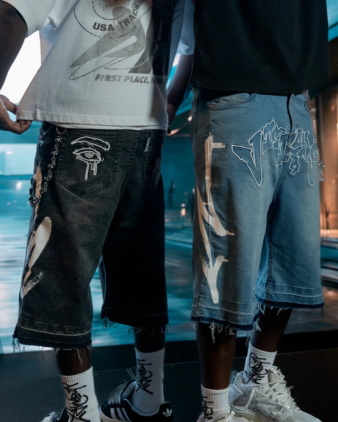 SEA BREEZE BLUE “GRAFFITI BLITZ” LONG STRAIGHT DENIM SHORTS