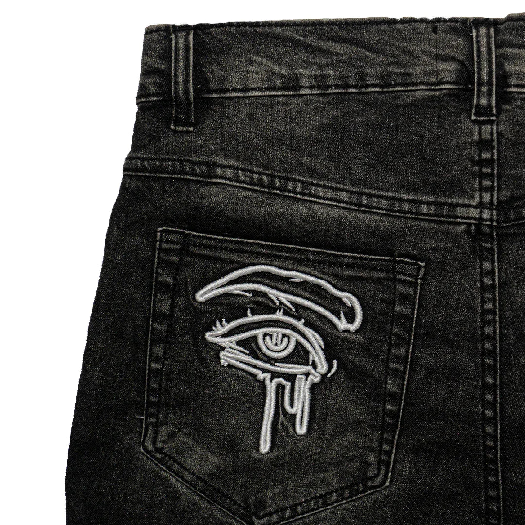 PHANTOM GREY “GRAFFITI BLITZ” LONG STRAIGHT DENIM SHORTS