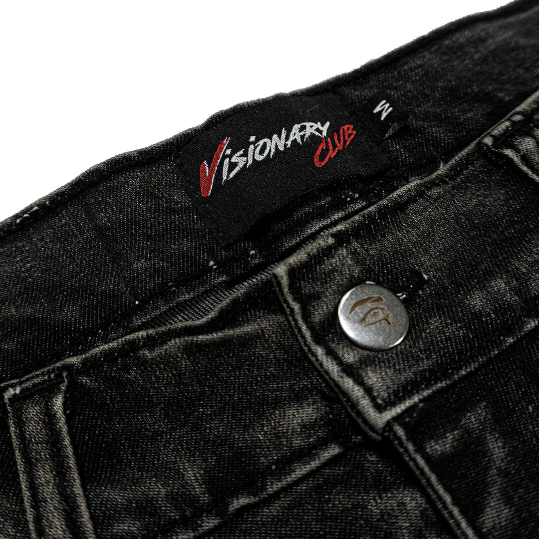 PHANTOM GREY “GRAFFITI BLITZ” LONG STRAIGHT DENIM SHORTS