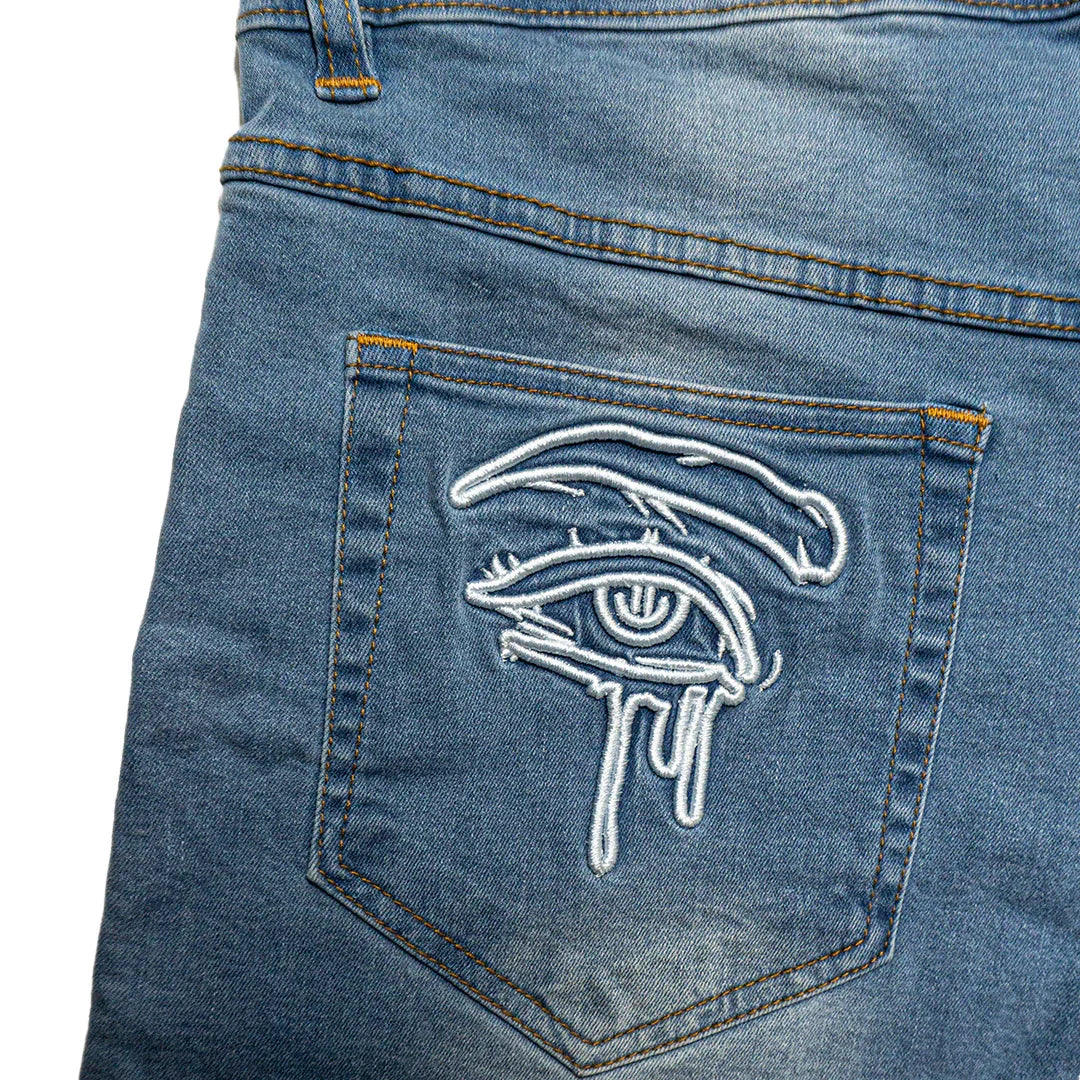 SEA BREEZE BLUE “GRAFFITI BLITZ” LONG STRAIGHT DENIM SHORTS