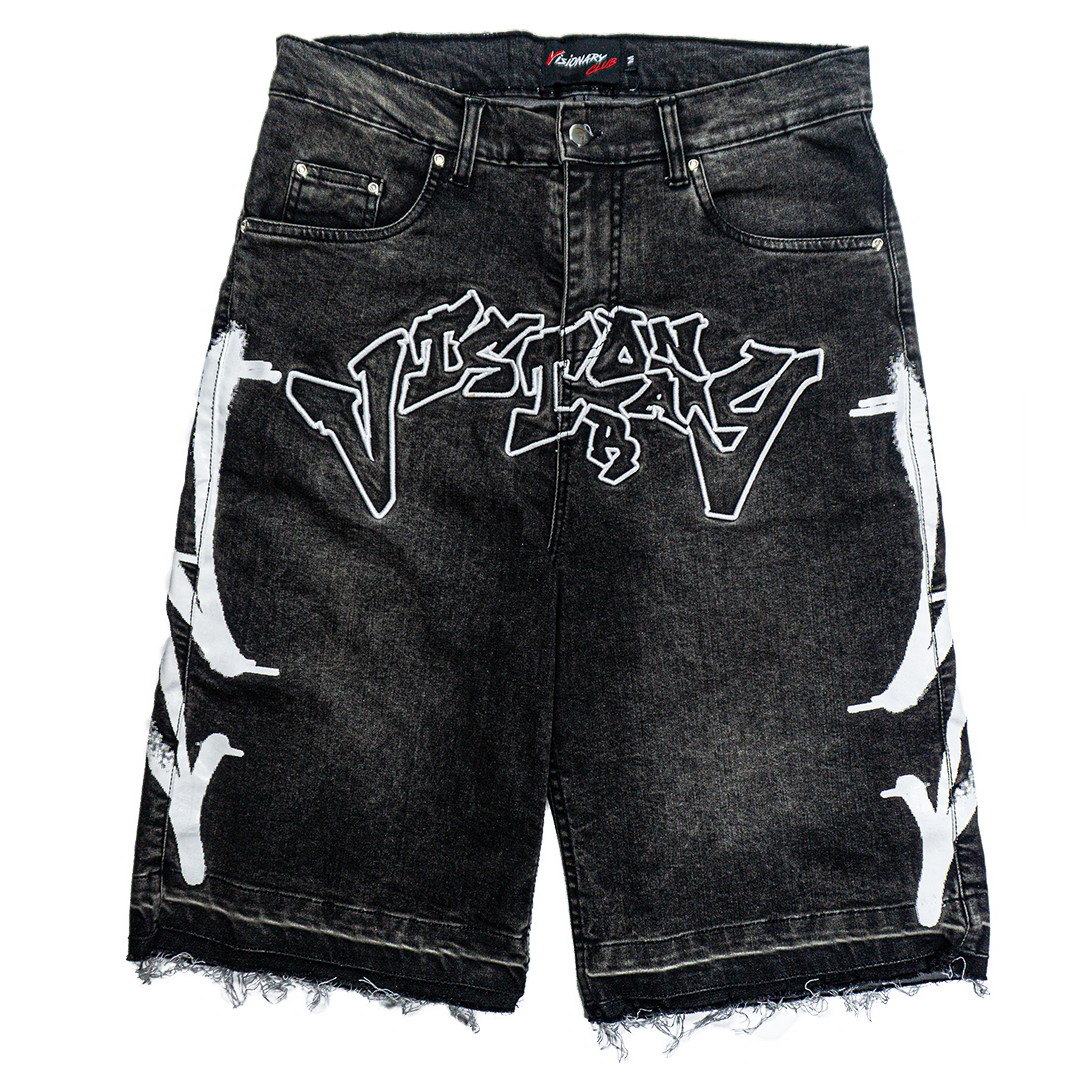 PHANTOM GREY “GRAFFITI BLITZ” LONG STRAIGHT DENIM SHORTS